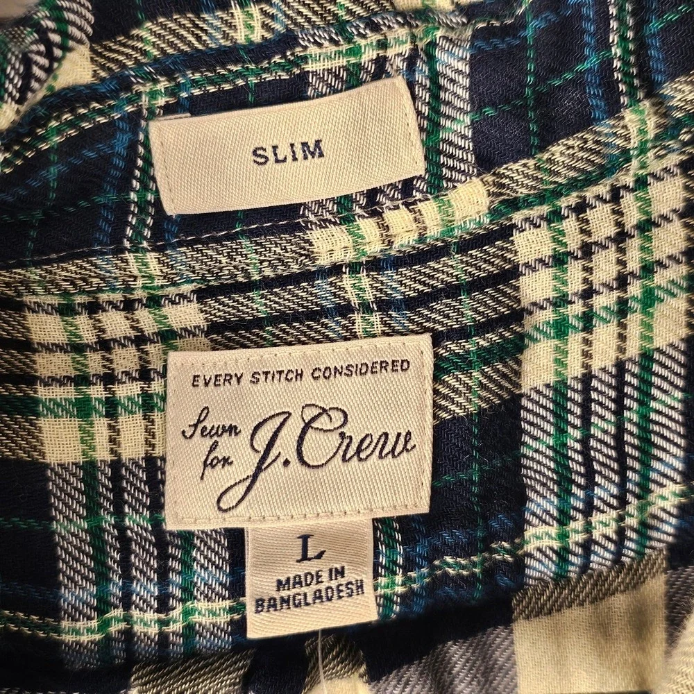 NWT J Crew Mens Navy Green Plaid Double Weave‎ Flannel Shirt Large Slim